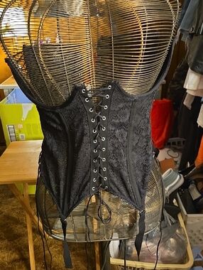Open Cup Black Lace Corset Camisole with Lace-Up Front and Garter Straps.